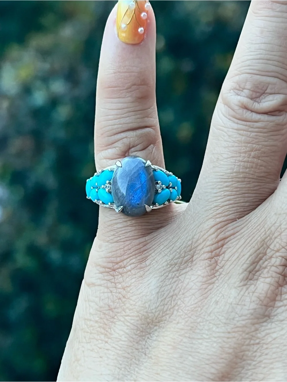 Sterling Silver Labradorite and Turquoise Statement Ring Size 6